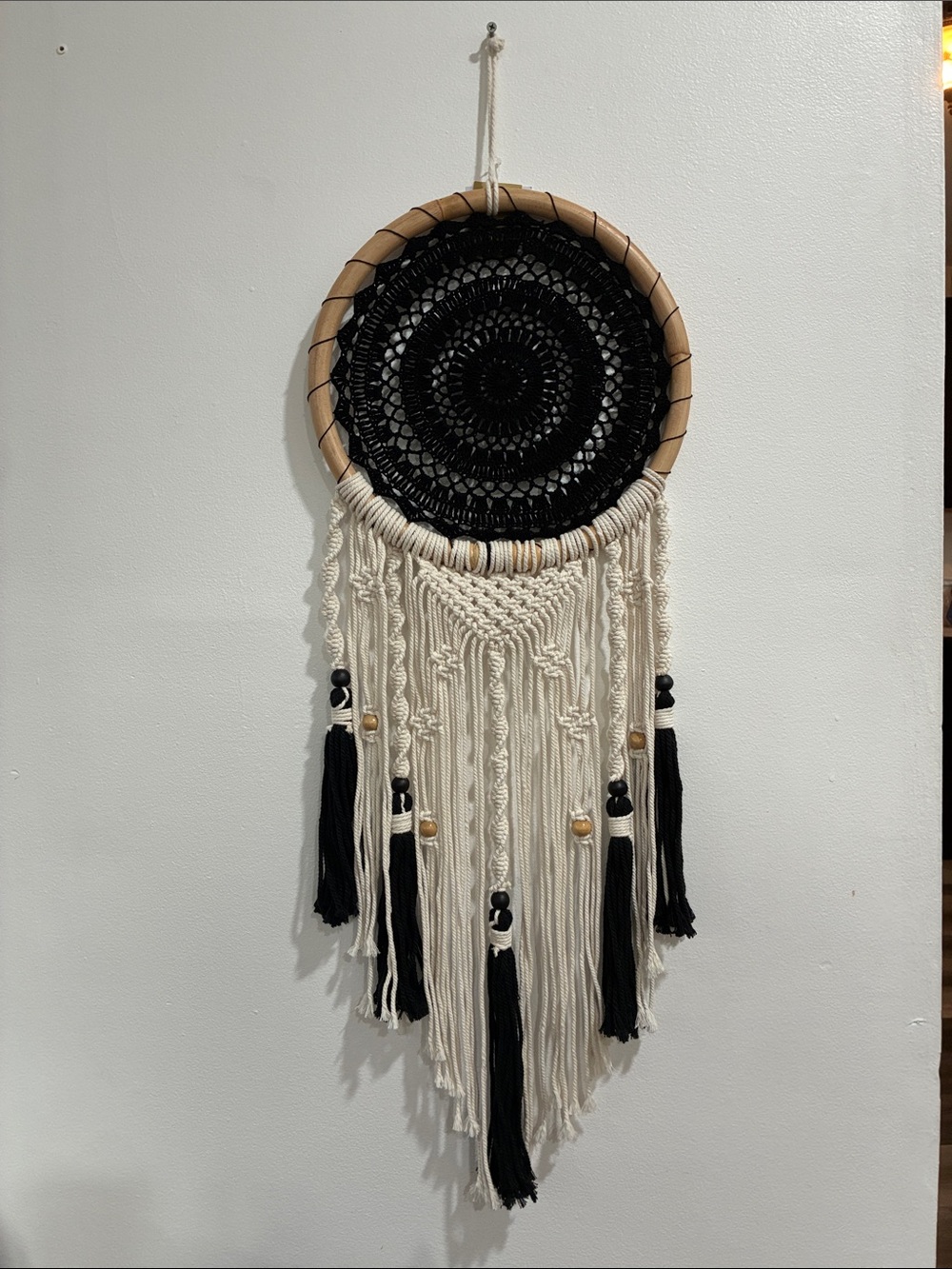 NWT- Beautiful 34” Handcrafted- Black & Cream Macramé Dreamcatcher Wall Hanging